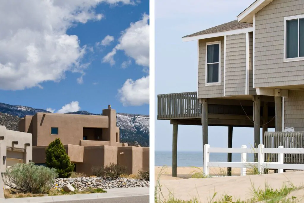 stucco house in deserted area and house with siding in coastal area