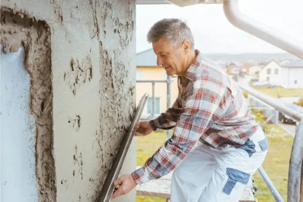 Stucco worker repairing exterior stucco wall