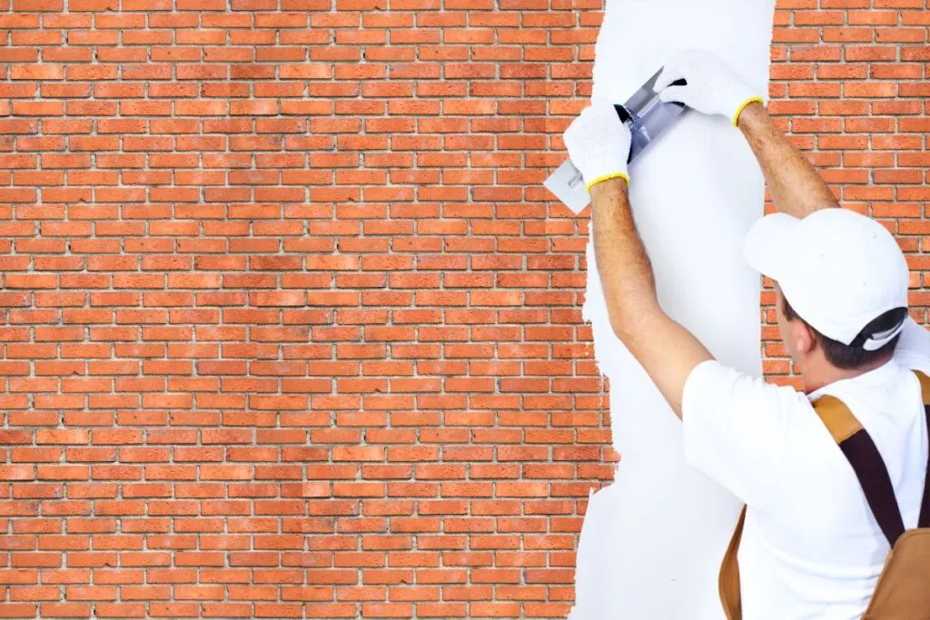 male contractor installing stucco on brick