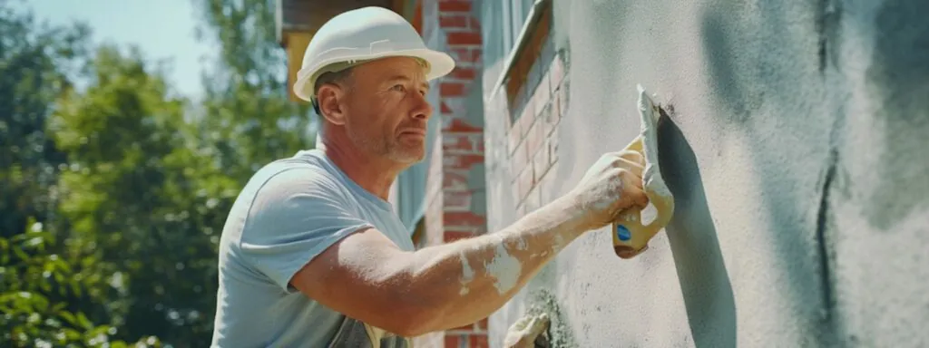 a stucco contractor installing stucco on brick wall