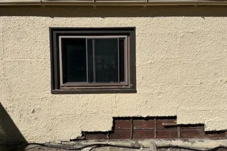 stucco house with large damage