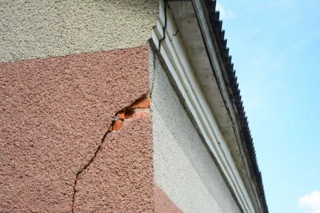 a serious stucco crack on the corner of the house near the rooftop